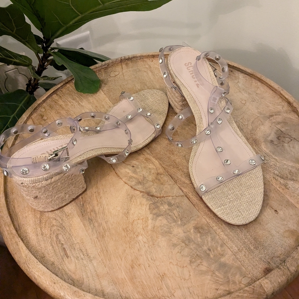 SCHUTZ Women's Transparente Almond Buff rhinestones block heel sandals Size 8.5